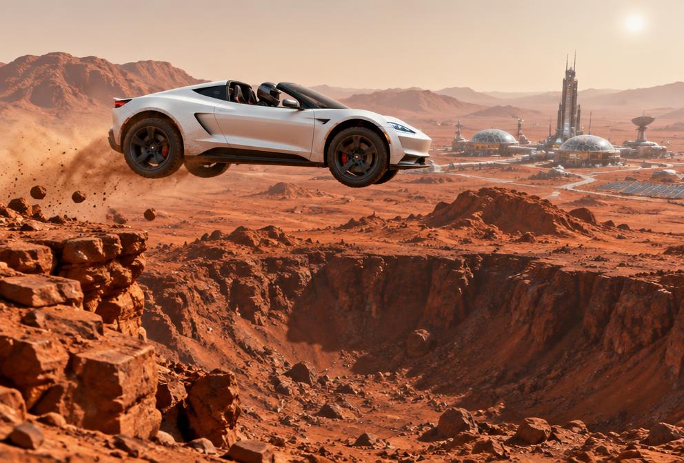 Mars Crater Jump featuring a white Roadster
