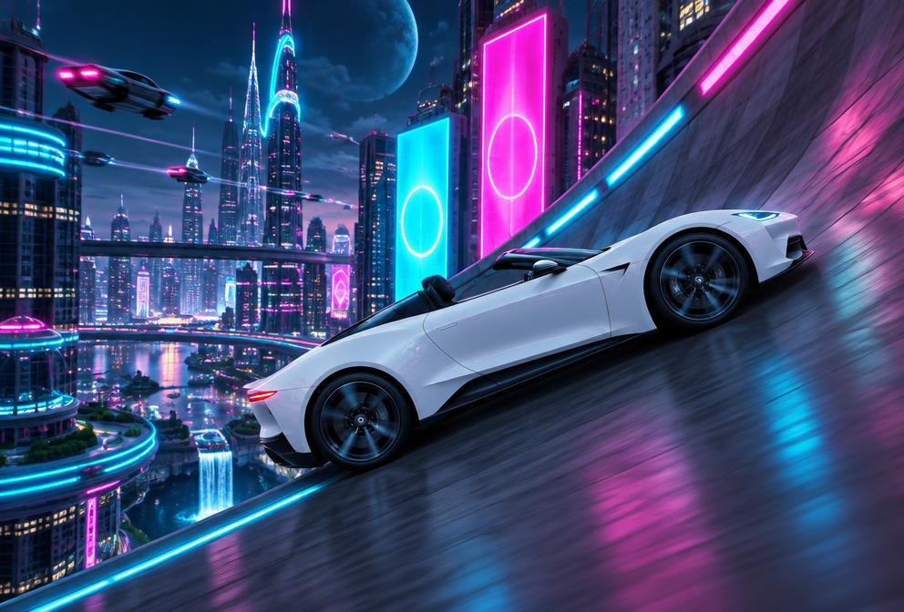 Neon City Wall Climb featuring a white Roadster